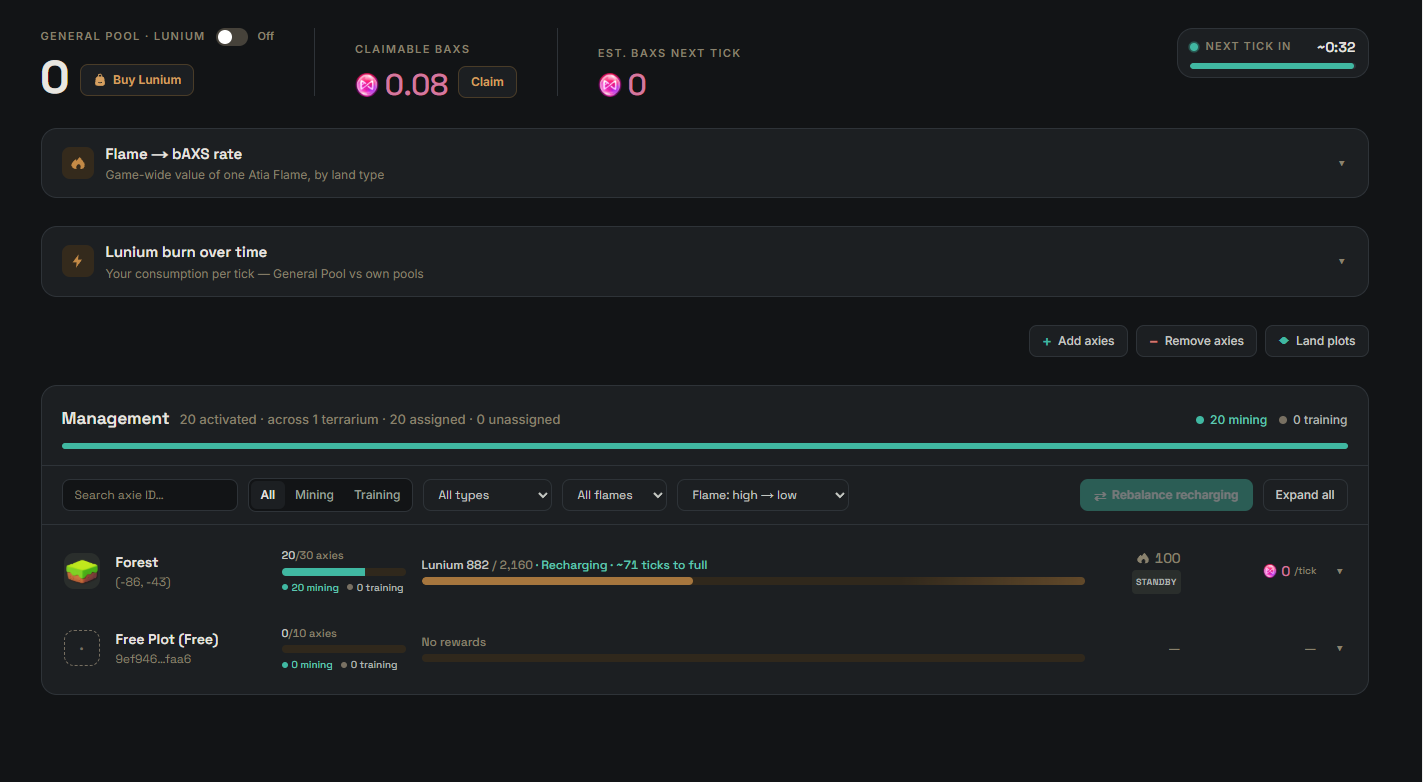The Terminalrium dashboard — plots, axies, Atia Flame, claimable bAXS and live tick countdown in one view.